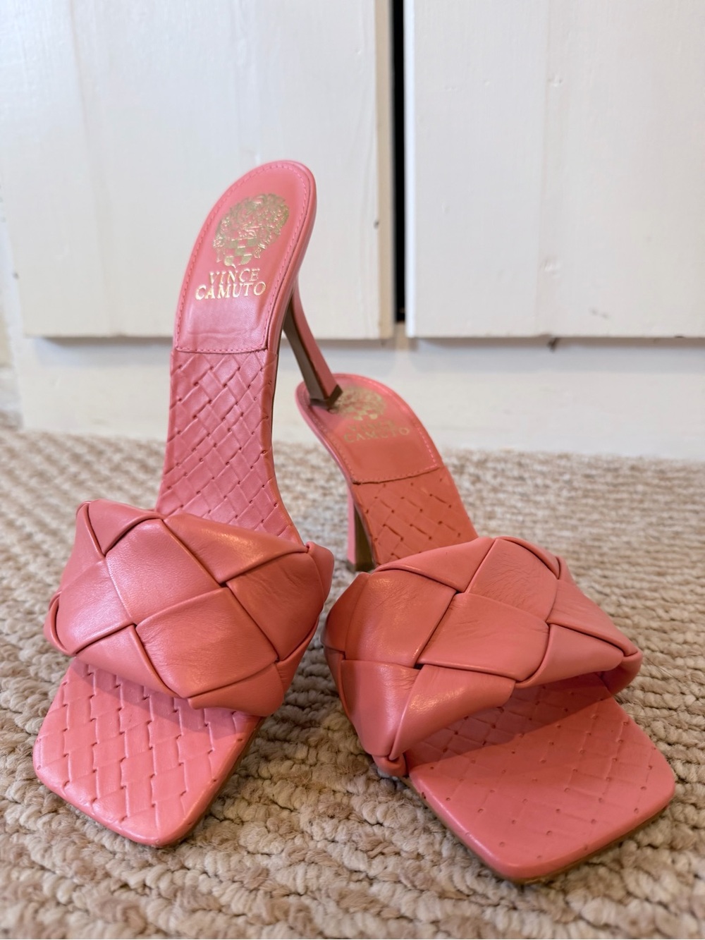 Vince Camuto Coral Pink Woven Leather Slide Heels